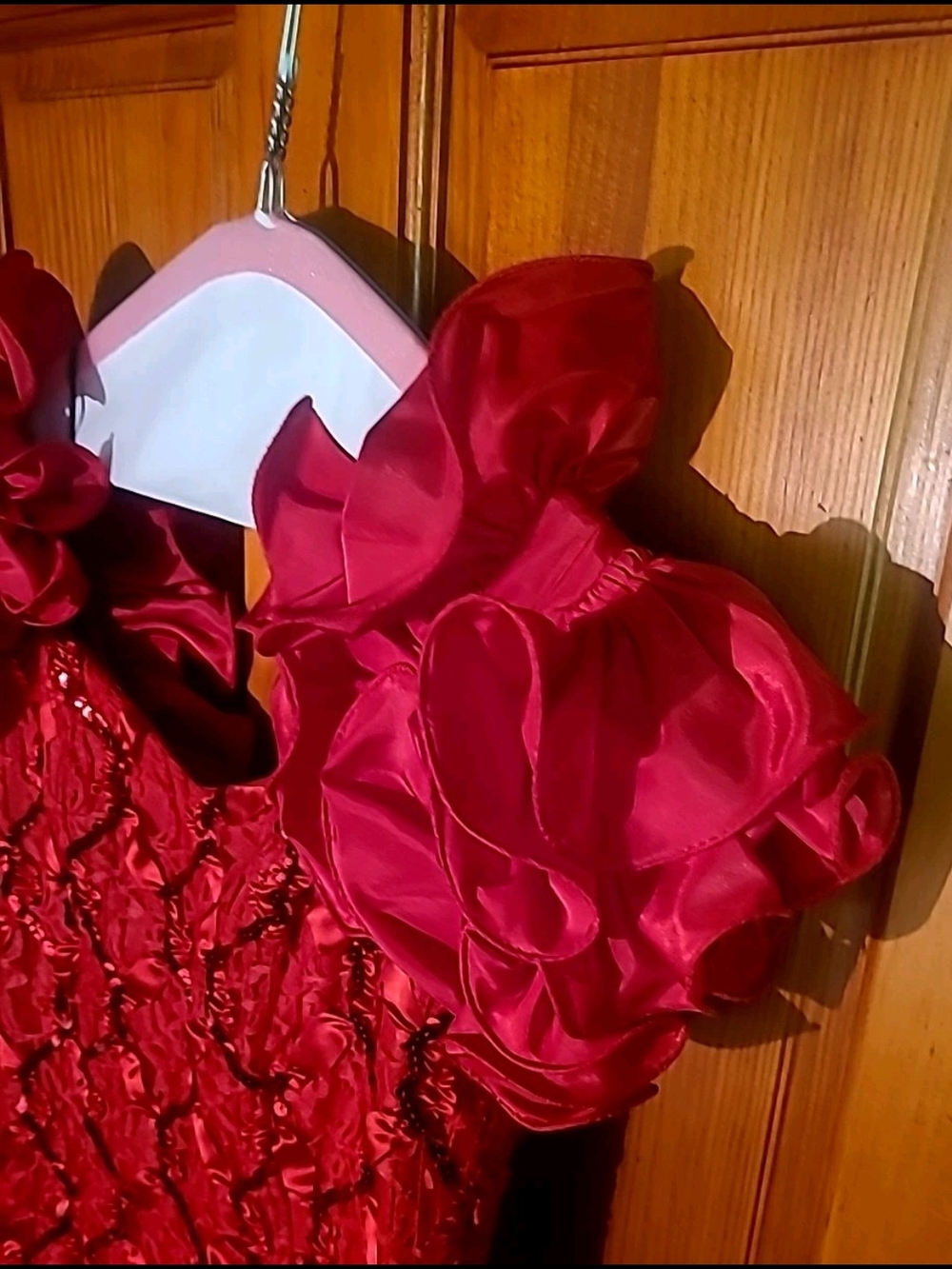 Red Ruffled Floral Appliqué Evening Gown By Dave & Johnny Size 7-8 - Picture 7 of 11